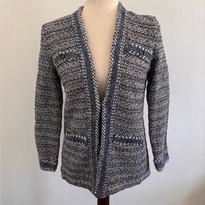 Chicos Tweedy Style Jacket Sweater Blazer Blues and Browns with White Small